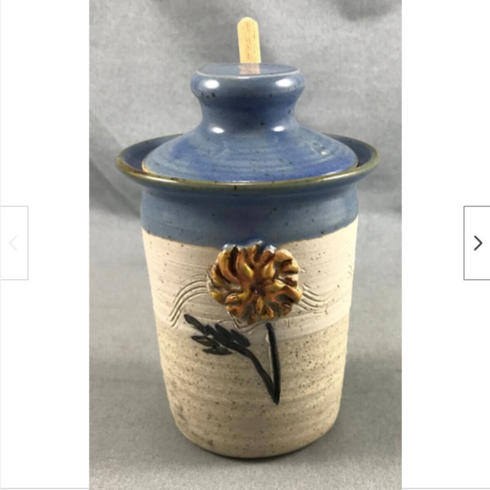 Stoneware Honey Pot & Wooden Dipper+Lid Hand Thrown Pottery Ceramic Blue Glaze